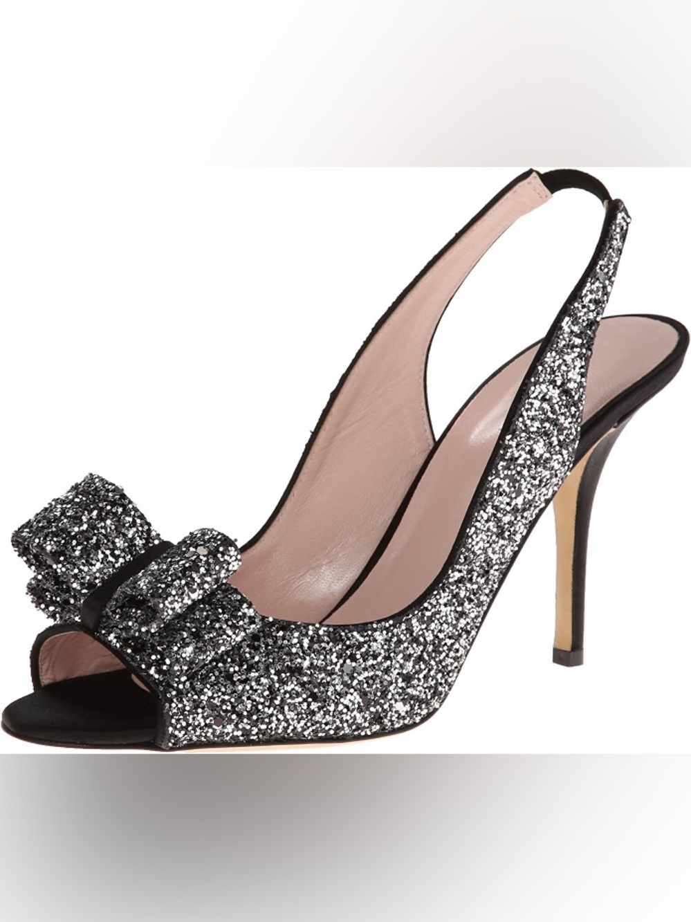 kate spade Black & Silver Charm Sandal Glitter Peep-Toe Slingback Heels with Bow